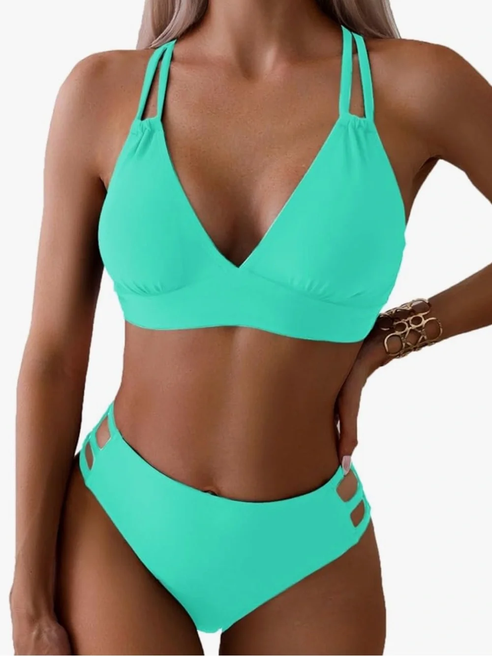 Women's Teal Strappy Bikini Turquoise Push Up V Neck Sets Criss Cross new